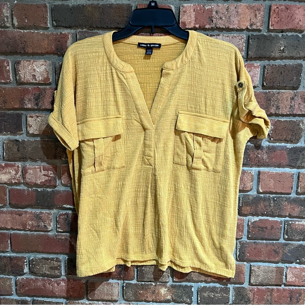 Cable & Gauge womens short sleeve gauzy cotton top yellow medium